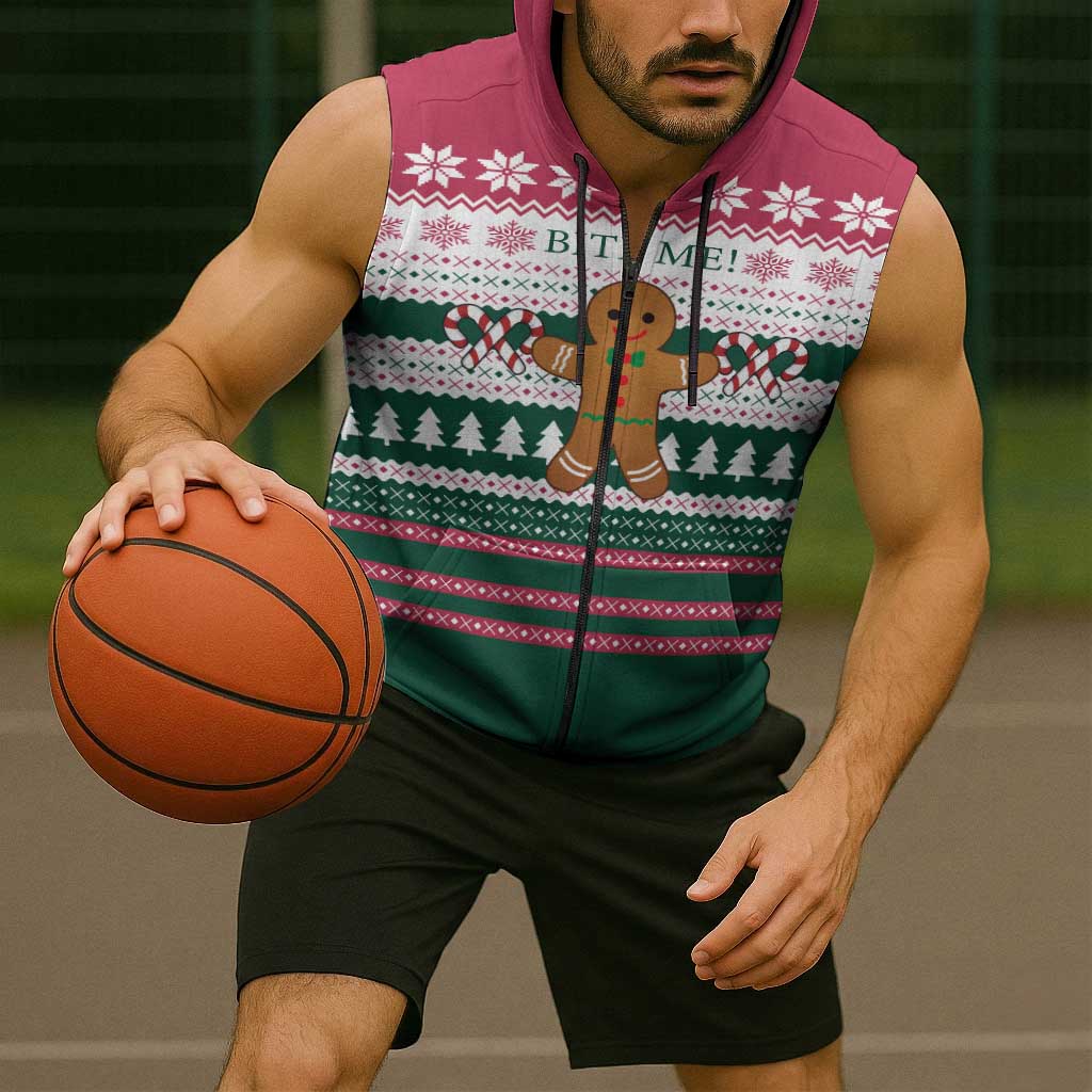Christmas Cookies Bite Me Sleeveless Zip Hoodie with Gingerbread Man Candy Canes and Snowflake Tree - Wonder Print Shop