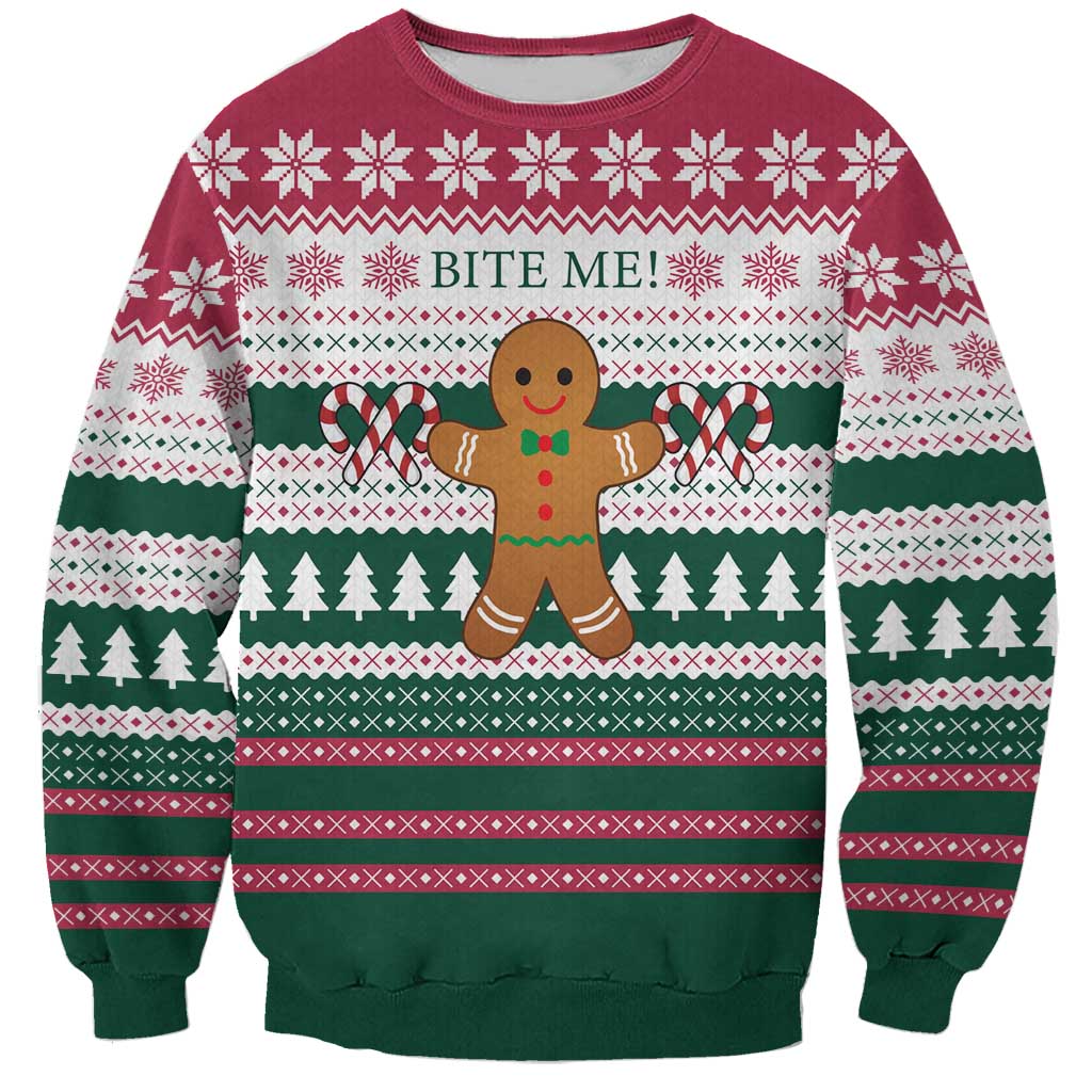 Christmas Cookies Bite Me Sweatshirt with Gingerbread Man Candy Canes and Snowflake Tree - Wonder Print Shop