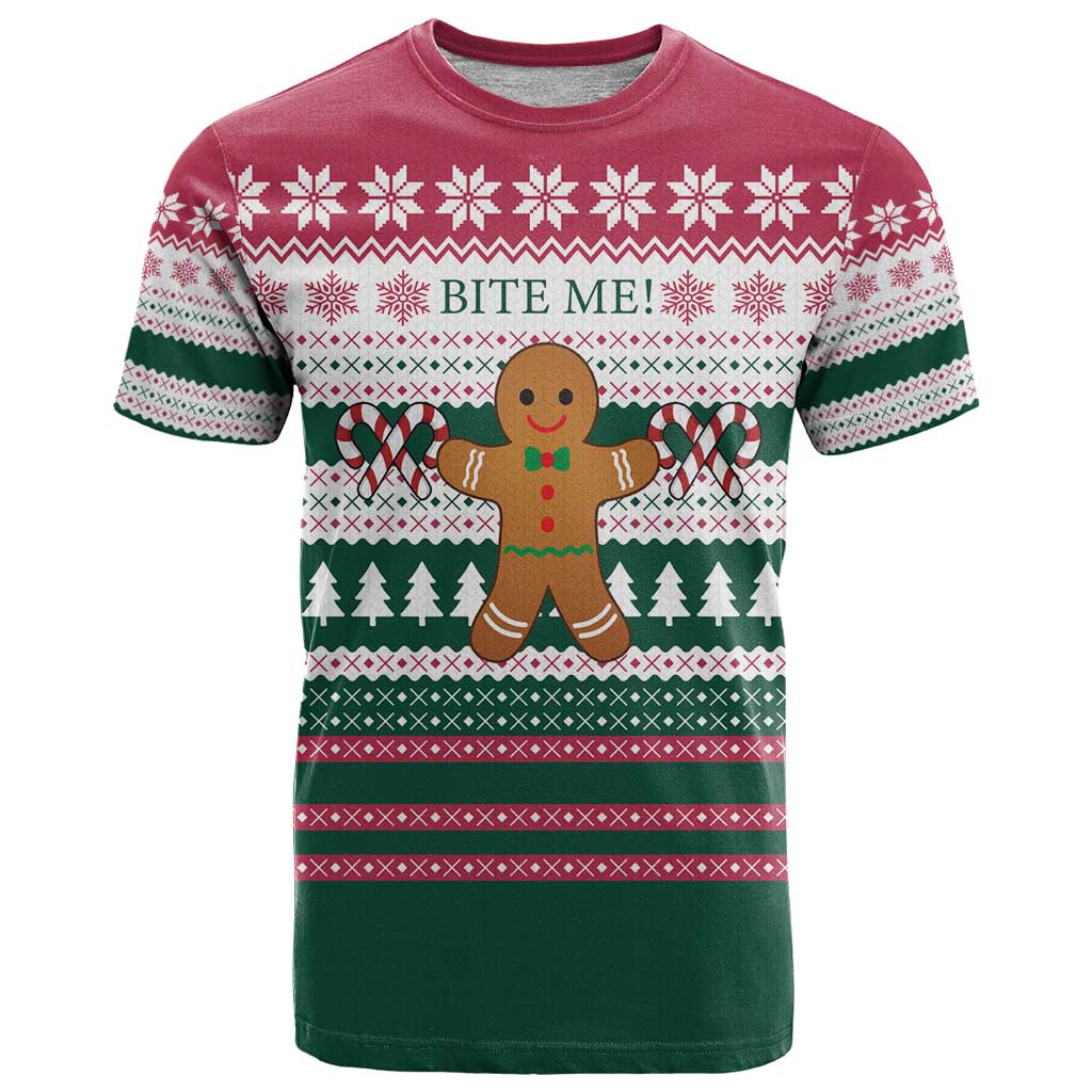 Christmas Cookies Bite Me T Shirt with Gingerbread Man Candy Canes and Snowflake Tree - Wonder Print Shop