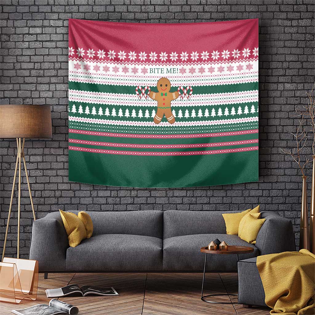 Christmas Cookies Bite Me Tapestry with Gingerbread Man Candy Canes and Snowflake Tree - Wonder Print Shop