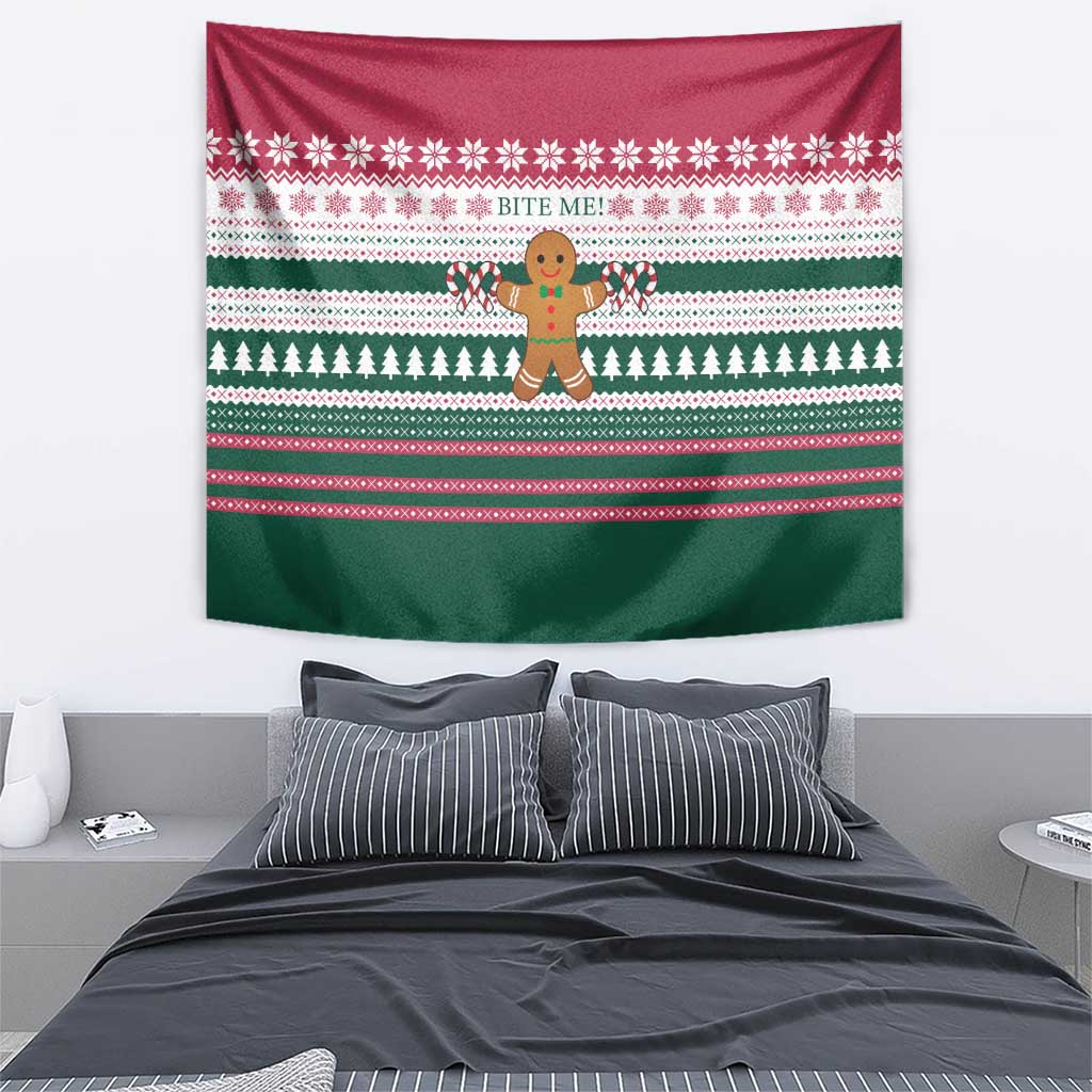 Christmas Cookies Bite Me Tapestry with Gingerbread Man Candy Canes and Snowflake Tree - Wonder Print Shop