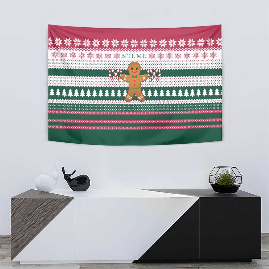 Christmas Cookies Bite Me Tapestry with Gingerbread Man Candy Canes and Snowflake Tree - Wonder Print Shop