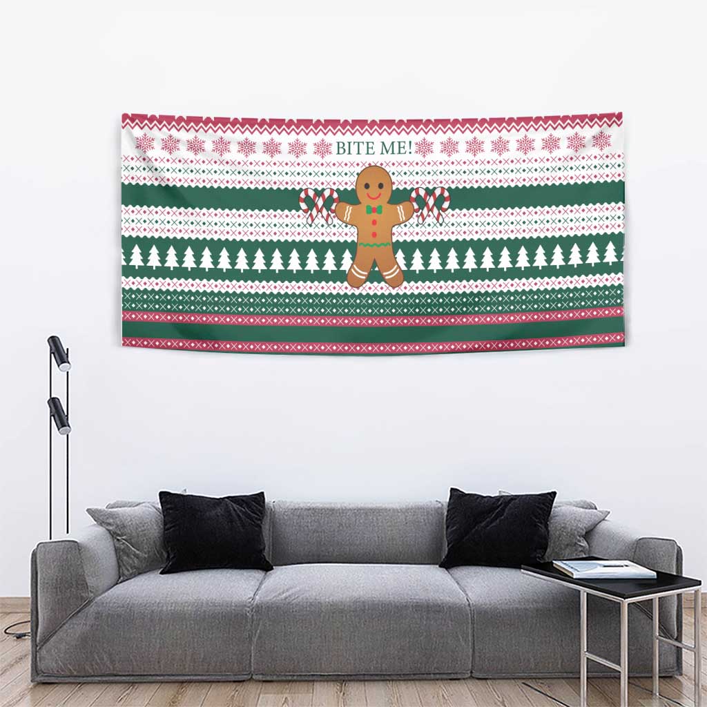 Christmas Cookies Bite Me Tapestry with Gingerbread Man Candy Canes and Snowflake Tree - Wonder Print Shop
