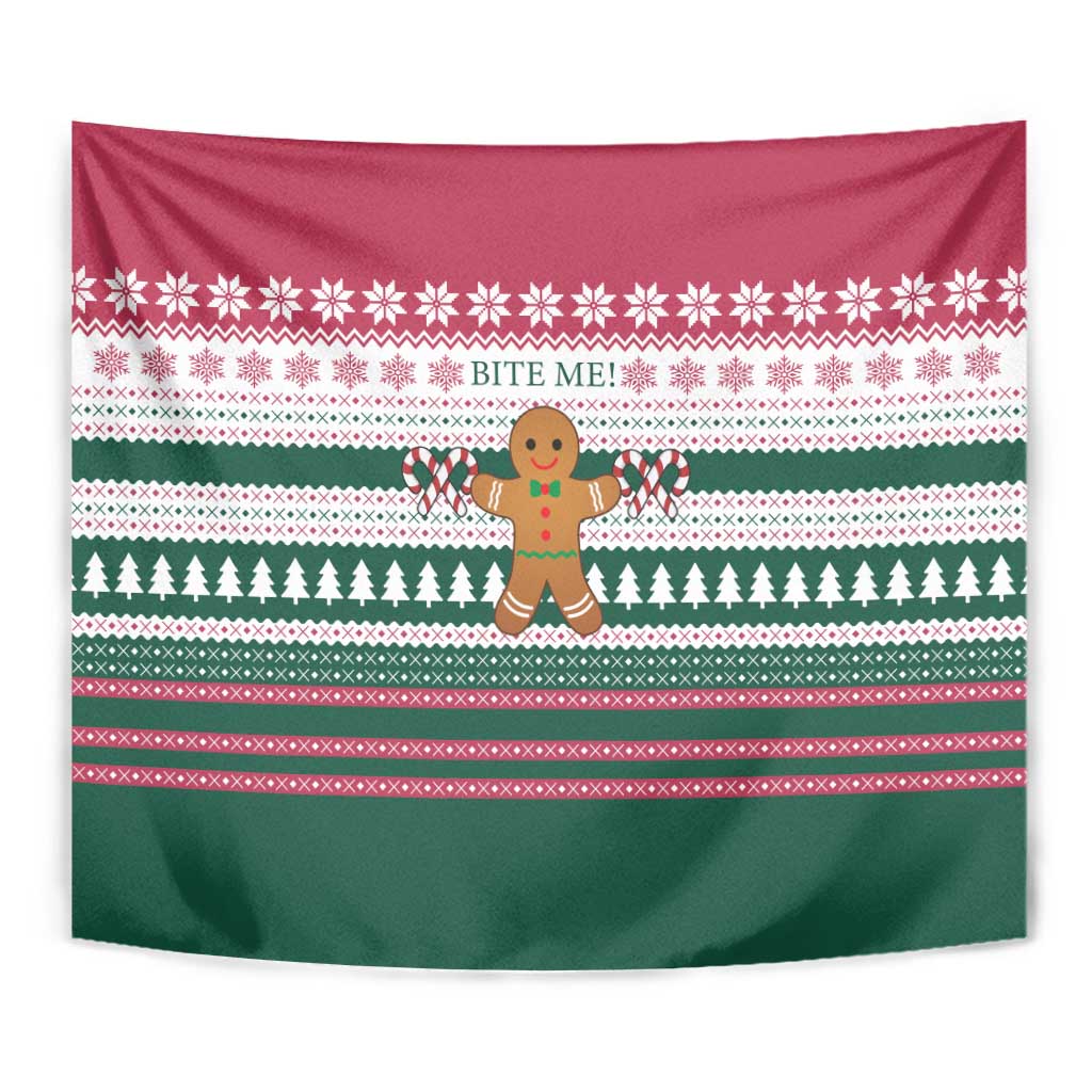 Christmas Cookies Bite Me Tapestry with Gingerbread Man Candy Canes and Snowflake Tree - Wonder Print Shop