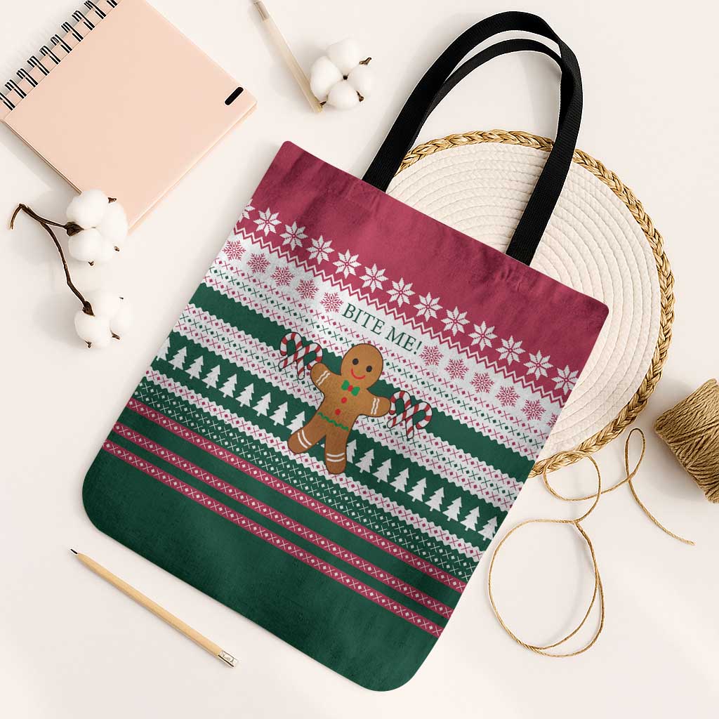 Christmas Cookies Bite Me Tote Bag with Gingerbread Man Candy Canes and Snowflake Tree - Wonder Print Shop