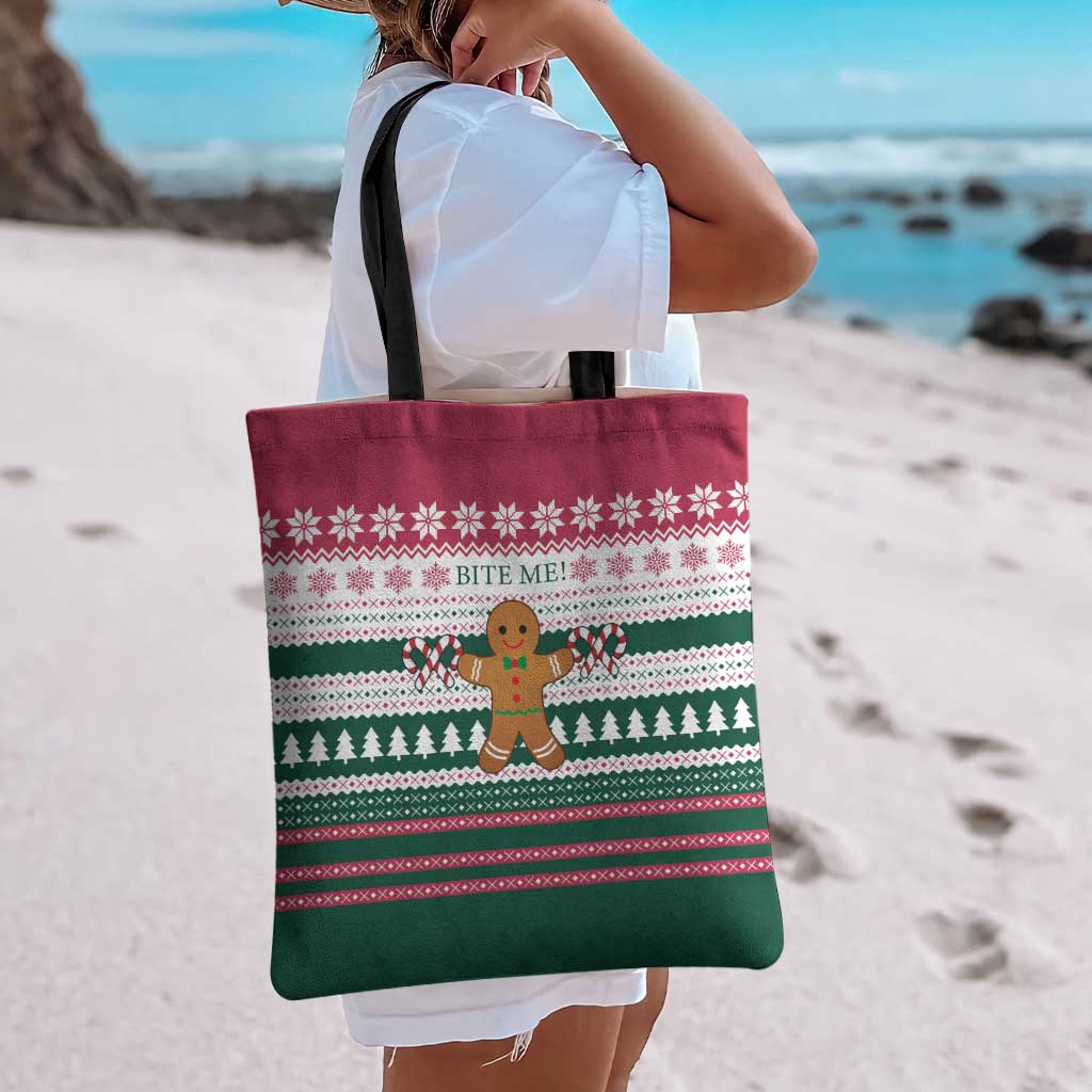 Christmas Cookies Bite Me Tote Bag with Gingerbread Man Candy Canes and Snowflake Tree - Wonder Print Shop