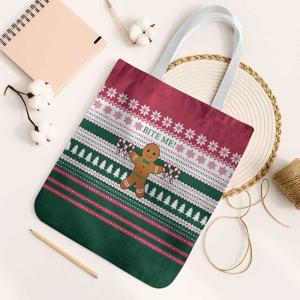 Christmas Cookies Bite Me Tote Bag with Gingerbread Man Candy Canes and Snowflake Tree - Wonder Print Shop