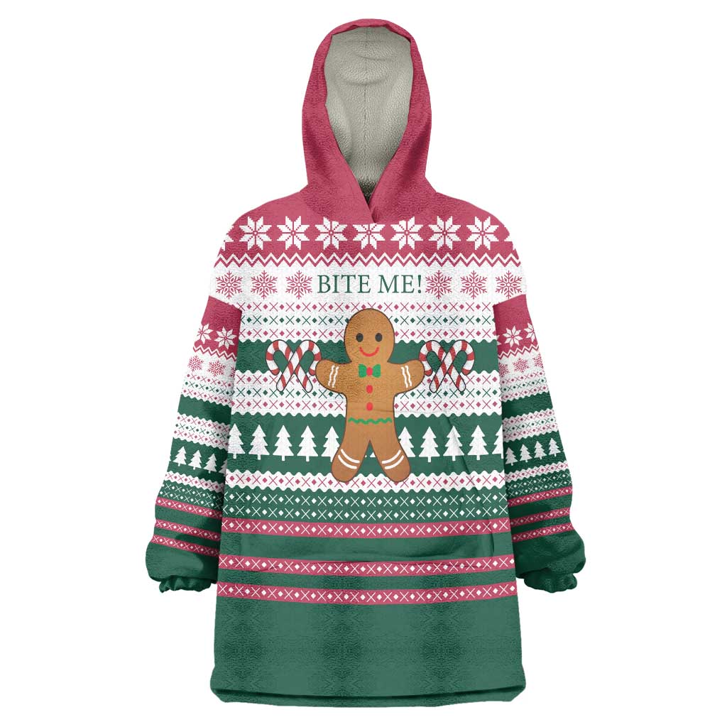 Christmas Cookies Bite Me Wearable Blanket Hoodie with Gingerbread Man Candy Canes and Snowflake Tree - Wonder Print Shop