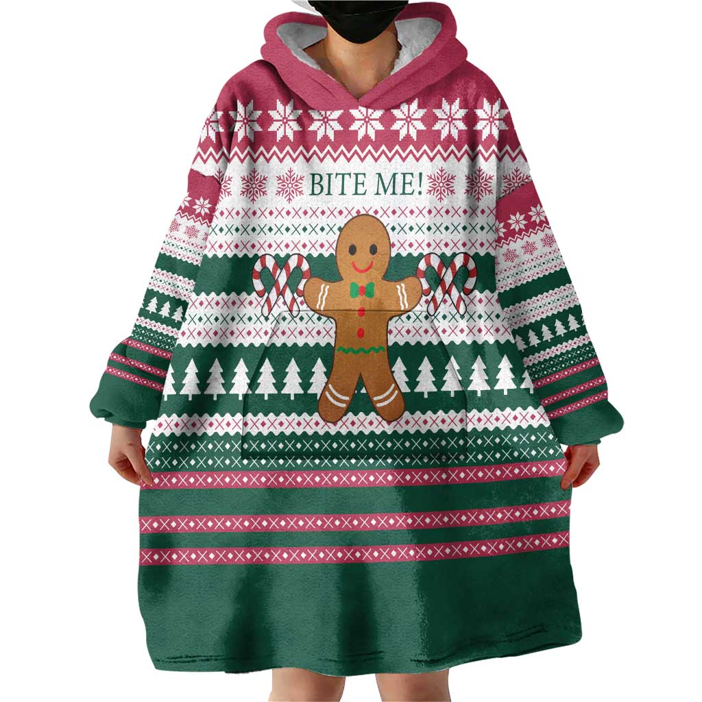 Christmas Cookies Bite Me Wearable Blanket Hoodie with Gingerbread Man Candy Canes and Snowflake Tree - Wonder Print Shop