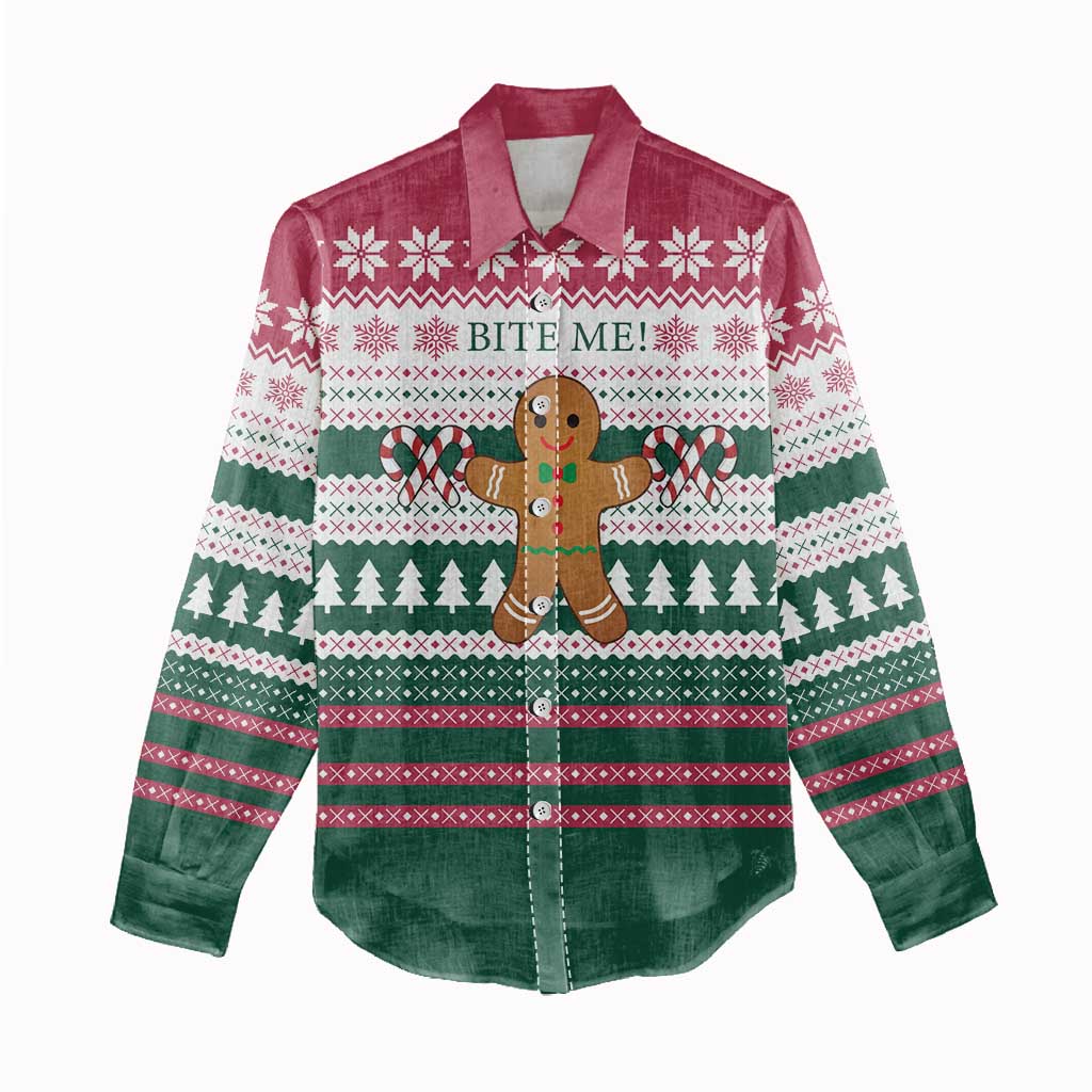 Christmas Cookies Bite Me Women Casual Shirt with Gingerbread Man Candy Canes and Snowflake Tree - Wonder Print Shop