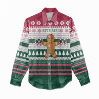 Christmas Cookies Bite Me Women Casual Shirt with Gingerbread Man Candy Canes and Snowflake Tree - Wonder Print Shop