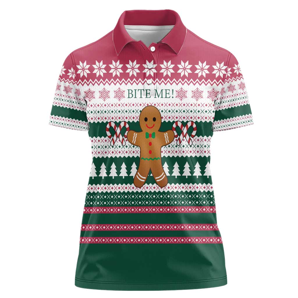 Christmas Cookies Bite Me Women Polo Shirt with Gingerbread Man Candy Canes and Snowflake Tree - Wonder Print Shop