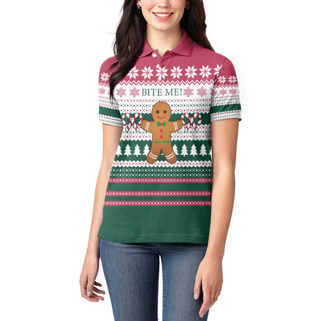 Christmas Cookies Bite Me Women Polo Shirt with Gingerbread Man Candy Canes and Snowflake Tree - Wonder Print Shop