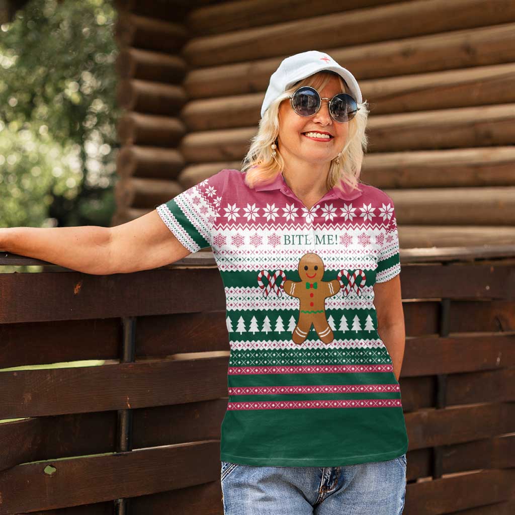 Christmas Cookies Bite Me Women Polo Shirt with Gingerbread Man Candy Canes and Snowflake Tree - Wonder Print Shop