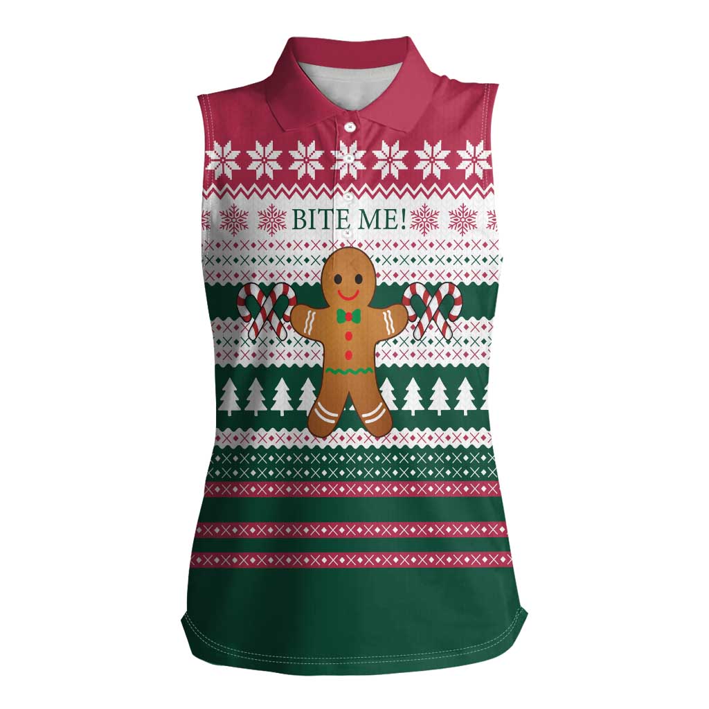 Christmas Cookies Bite Me Women Sleeveless Polo Shirt with Gingerbread Man Candy Canes and Snowflake Tree - Wonder Print Shop