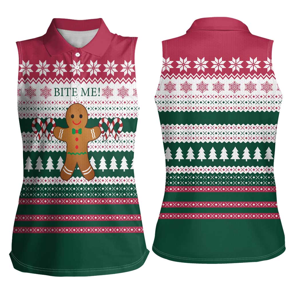 Christmas Cookies Bite Me Women Sleeveless Polo Shirt with Gingerbread Man Candy Canes and Snowflake Tree - Wonder Print Shop