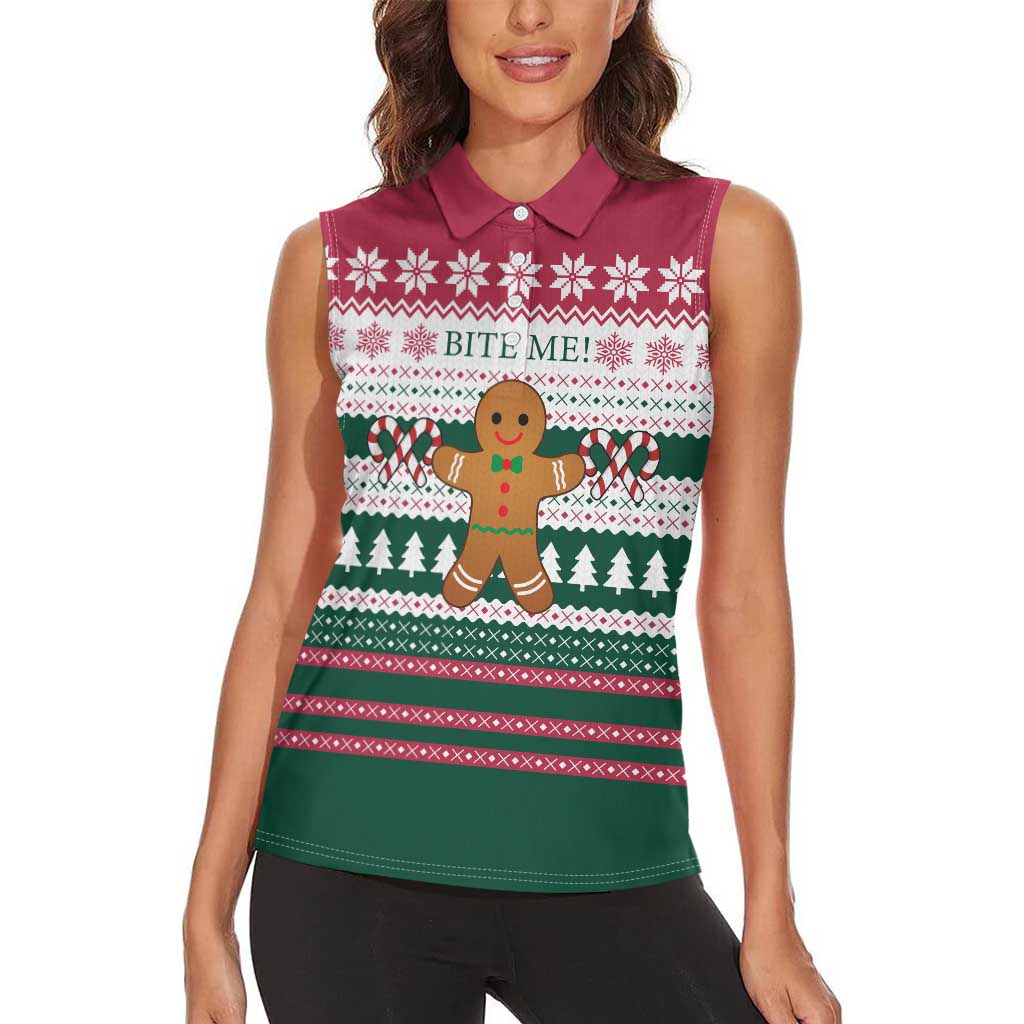 Christmas Cookies Bite Me Women Sleeveless Polo Shirt with Gingerbread Man Candy Canes and Snowflake Tree - Wonder Print Shop