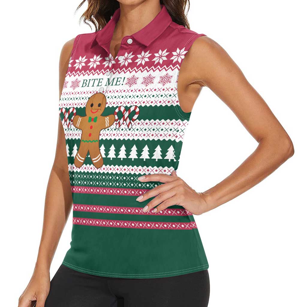 Christmas Cookies Bite Me Women Sleeveless Polo Shirt with Gingerbread Man Candy Canes and Snowflake Tree - Wonder Print Shop