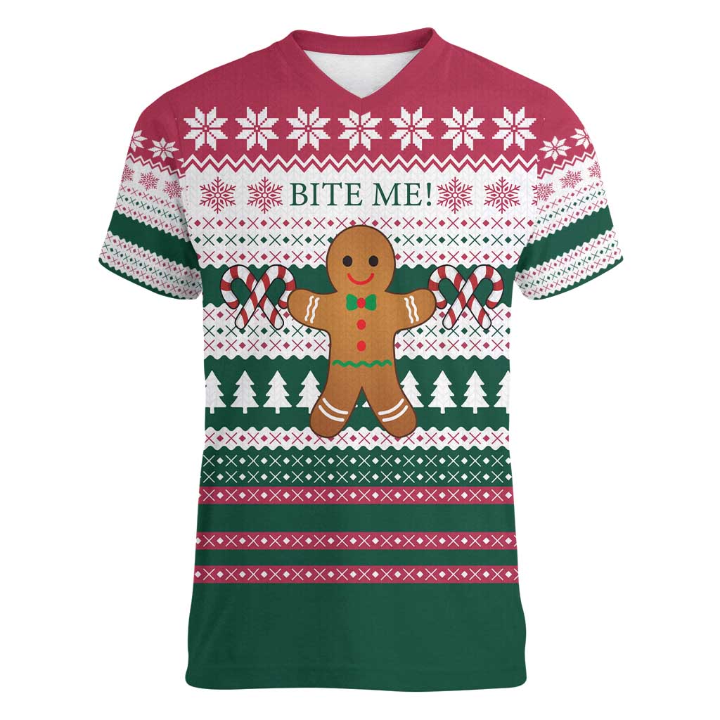 Christmas Cookies Bite Me Women V-Neck T-Shirt with Gingerbread Man Candy Canes and Snowflake Tree - Wonder Print Shop