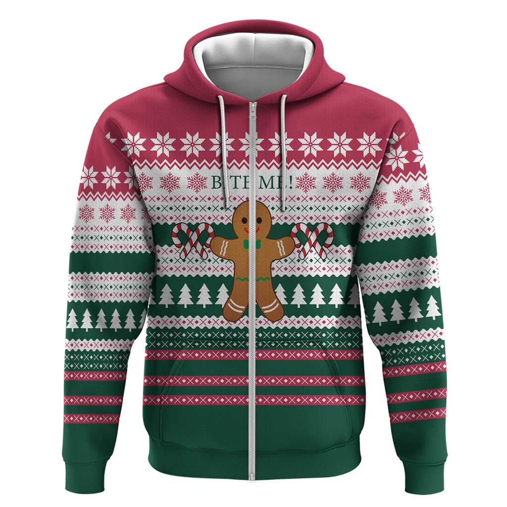 Christmas Cookies Bite Me Zip Hoodie with Gingerbread Man Candy Canes and Snowflake Tree - Wonder Print Shop