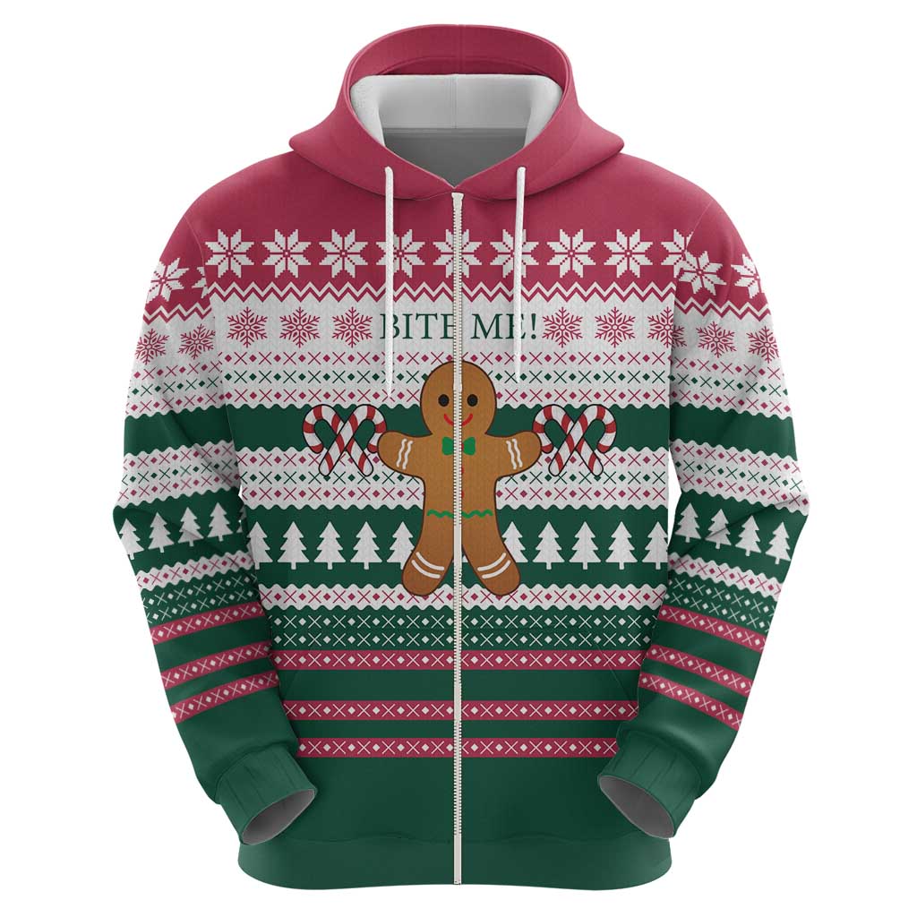 Christmas Cookies Bite Me Zip Hoodie with Gingerbread Man Candy Canes and Snowflake Tree - Wonder Print Shop