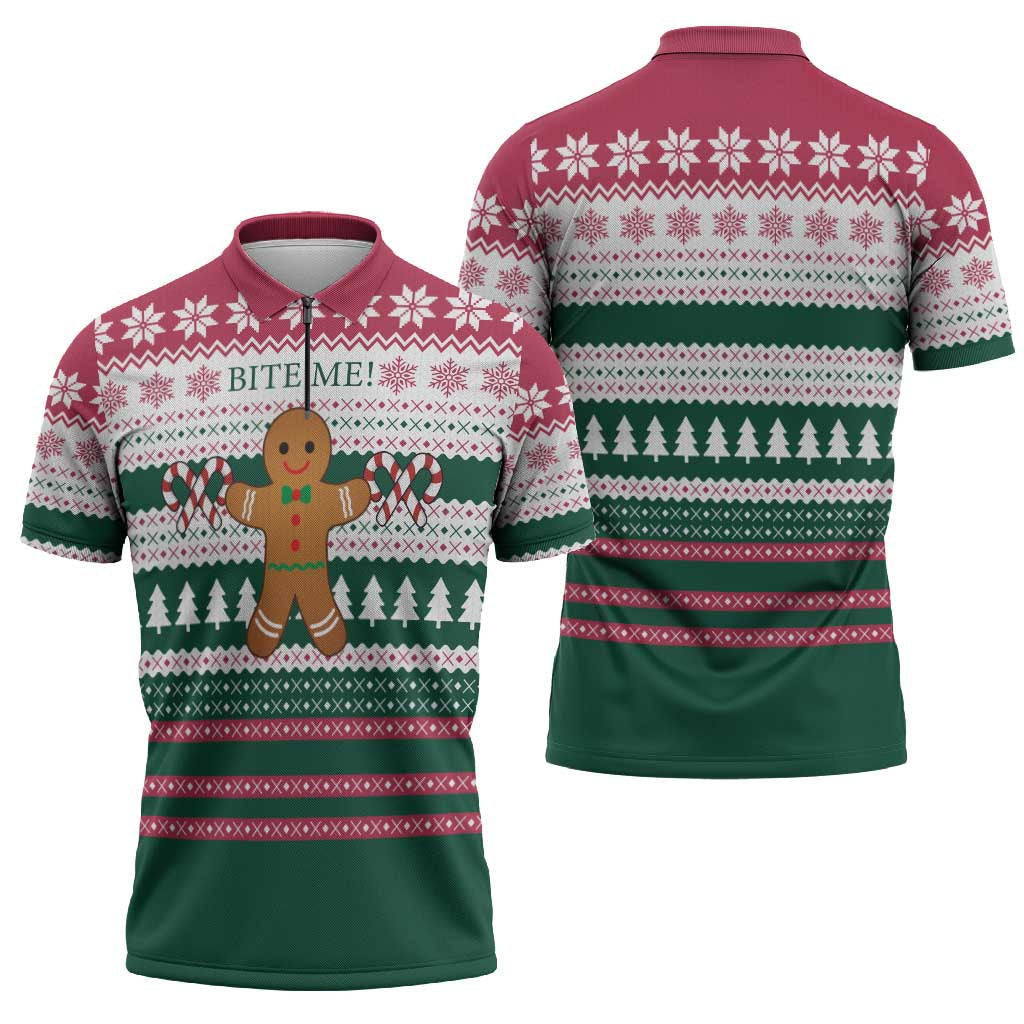Christmas Cookies Bite Me Zipper Polo Shirt with Gingerbread Man Candy Canes and Snowflake Tree - Wonder Print Shop