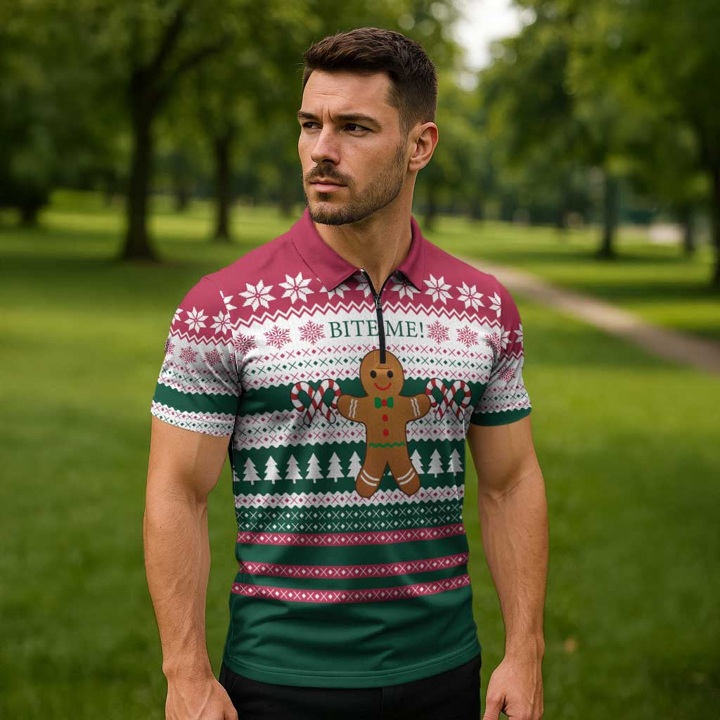 Christmas Cookies Bite Me Zipper Polo Shirt with Gingerbread Man Candy Canes and Snowflake Tree - Wonder Print Shop