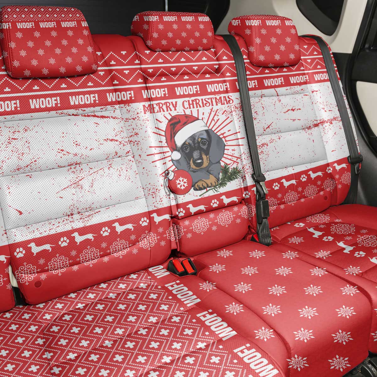 Christmas Dachshund Dog Back Car Seat Cover Santa Hat Woof Snowflake Paw Design - Wonder Print Shop