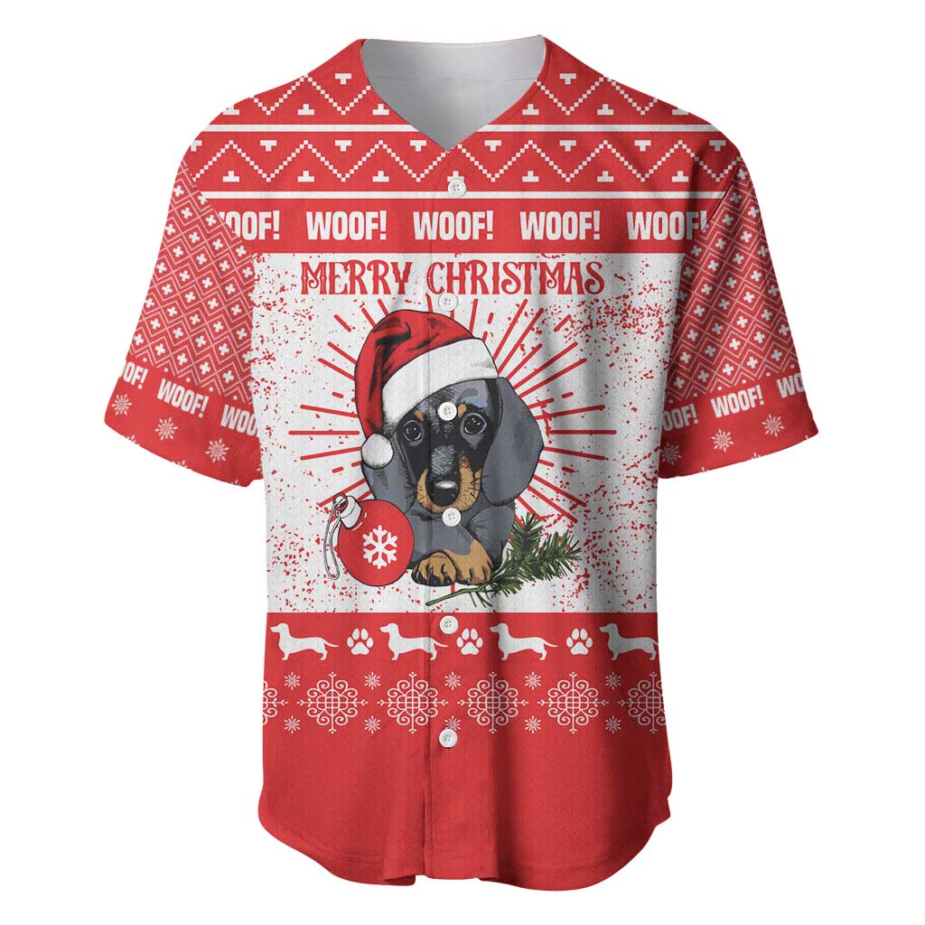 Christmas Dachshund Dog Baseball Jersey Santa Hat Woof Snowflake Paw Design - Wonder Print Shop