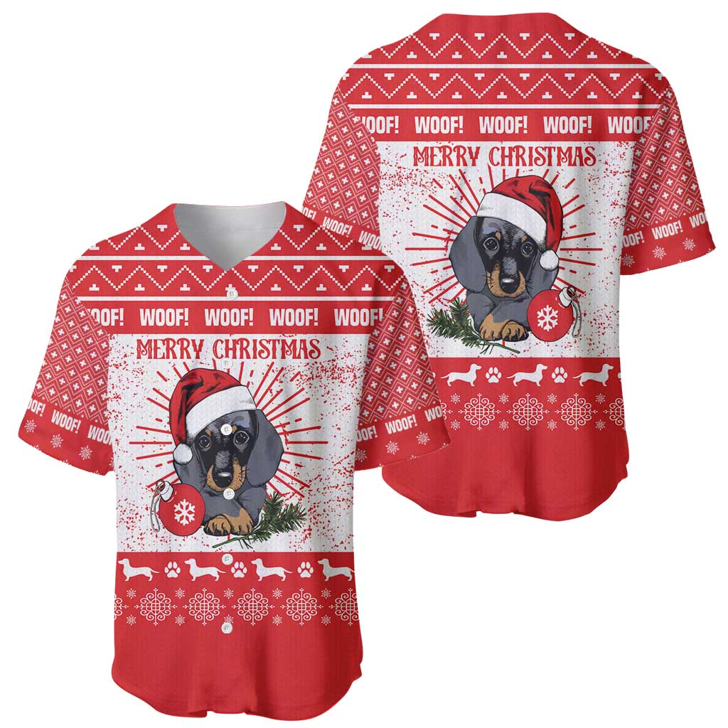 Christmas Dachshund Dog Baseball Jersey Santa Hat Woof Snowflake Paw Design - Wonder Print Shop
