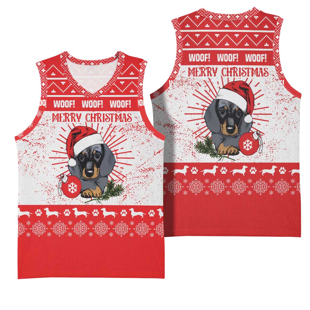Christmas Dachshund Dog Basketball Jersey Santa Hat Woof Snowflake Paw Design - Wonder Print Shop