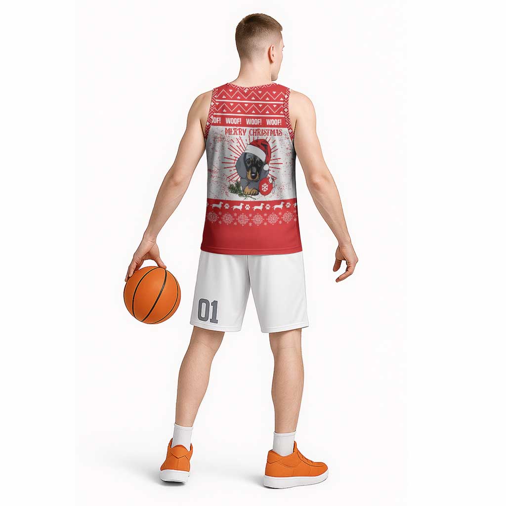 Christmas Dachshund Dog Basketball Jersey Santa Hat Woof Snowflake Paw Design - Wonder Print Shop