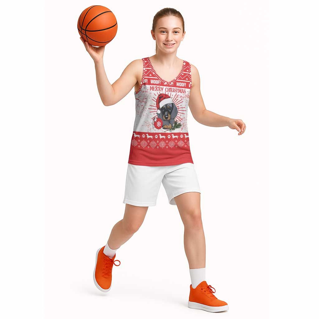 Christmas Dachshund Dog Basketball Jersey Santa Hat Woof Snowflake Paw Design - Wonder Print Shop