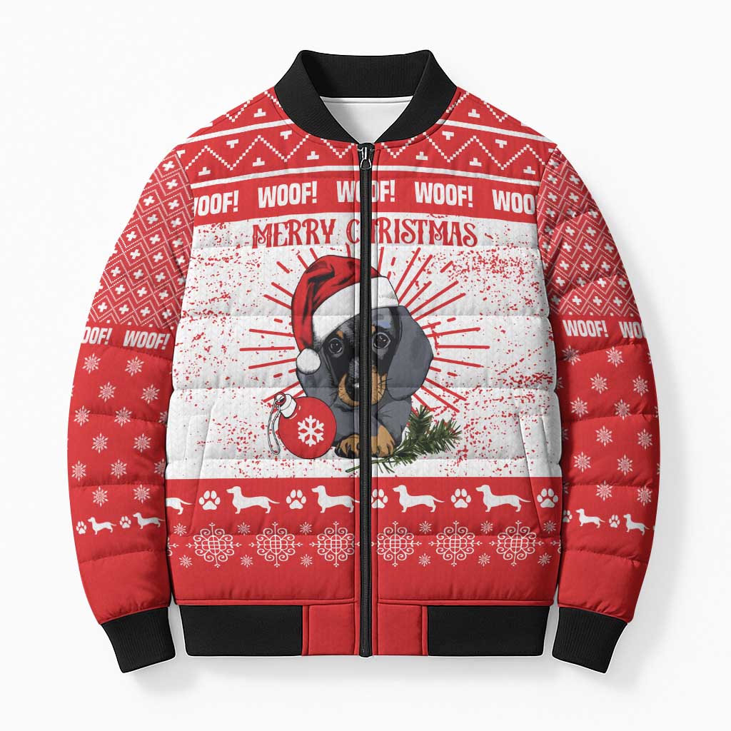 Christmas Dachshund Dog Bomber Puffer Jacket Santa Hat Woof Snowflake Paw Design - Wonder Print Shop