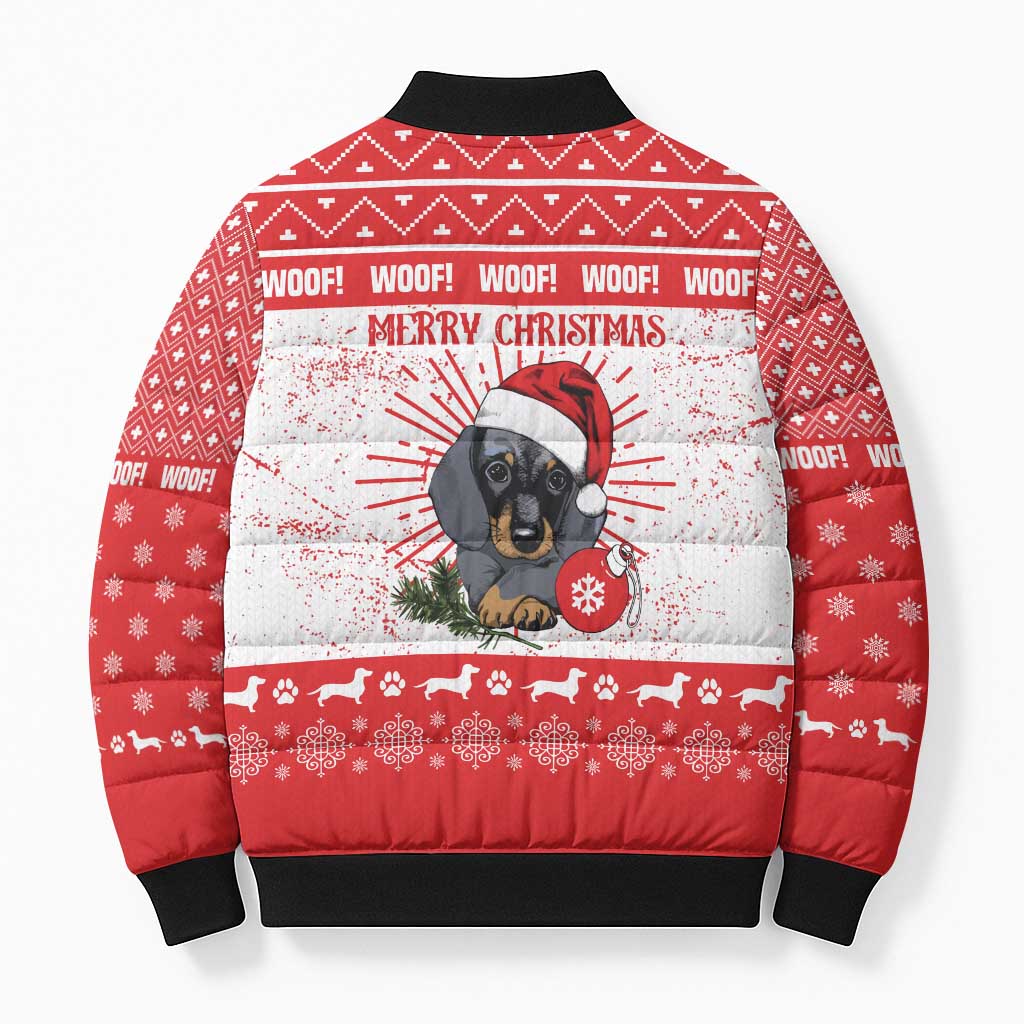 Christmas Dachshund Dog Bomber Puffer Jacket Santa Hat Woof Snowflake Paw Design - Wonder Print Shop