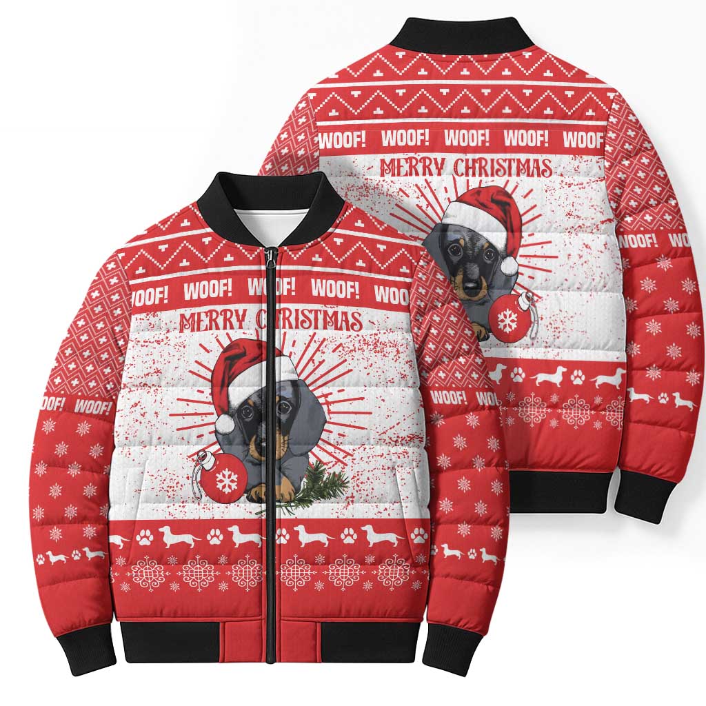 Christmas Dachshund Dog Bomber Puffer Jacket Santa Hat Woof Snowflake Paw Design - Wonder Print Shop