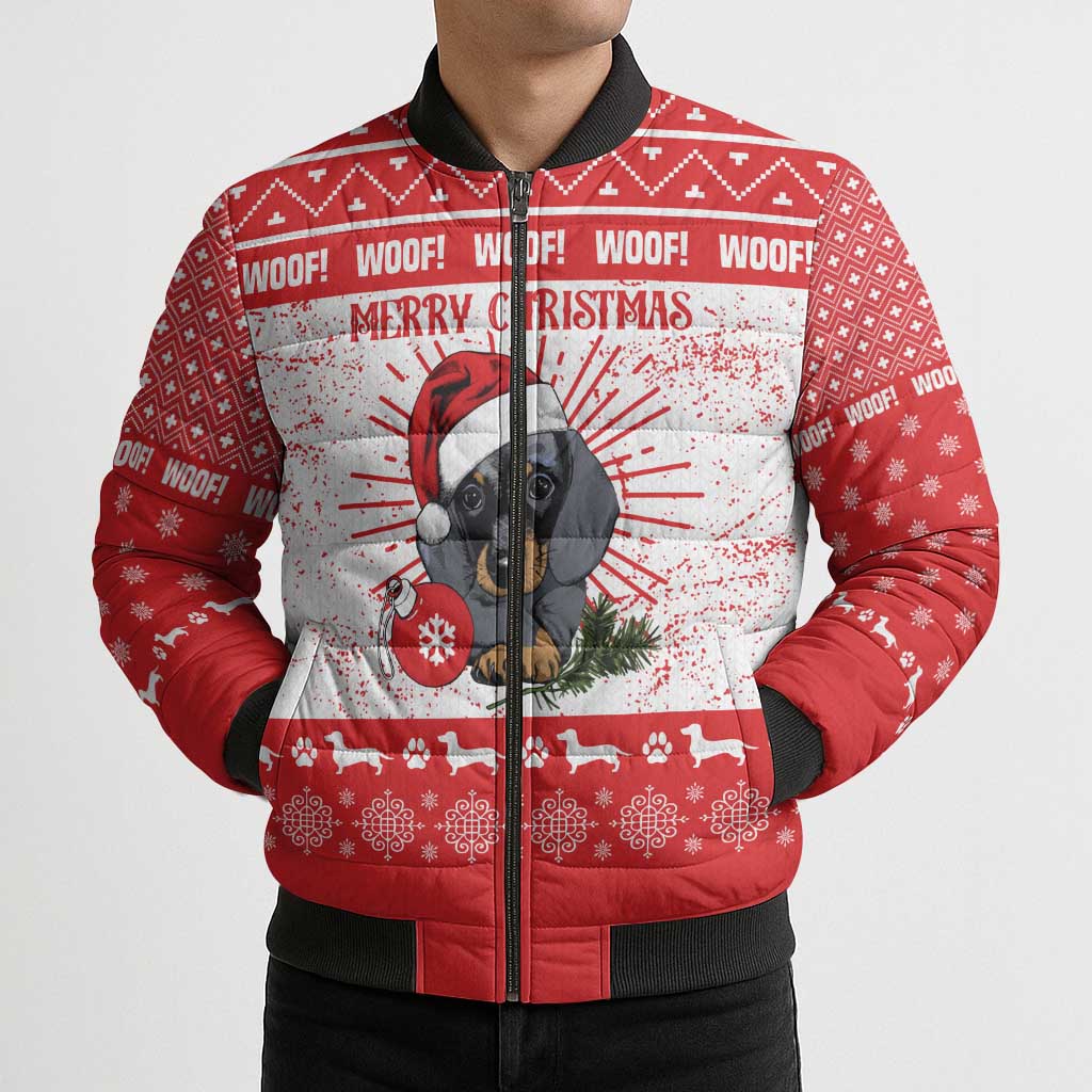 Christmas Dachshund Dog Bomber Puffer Jacket Santa Hat Woof Snowflake Paw Design - Wonder Print Shop