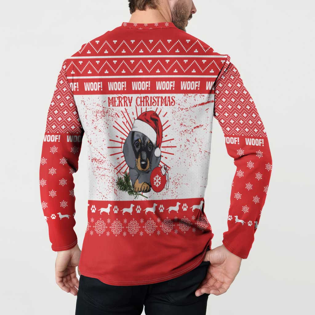 Christmas Dachshund Dog Button Sweatshirt Santa Hat Woof Snowflake Paw Design - Wonder Print Shop