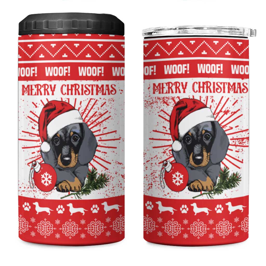 Christmas Dachshund Dog 4 in 1 Can Cooler Tumbler Santa Hat Woof Snowflake Paw Design - Wonder Print Shop