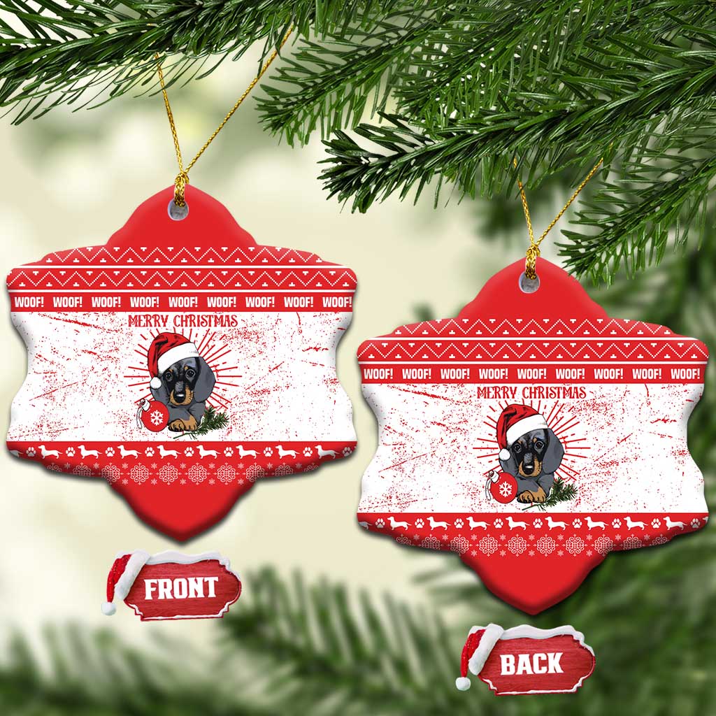 Christmas Dachshund Dog Ceramic Ornament Santa Hat Woof Snowflake Paw Design - Wonder Print Shop