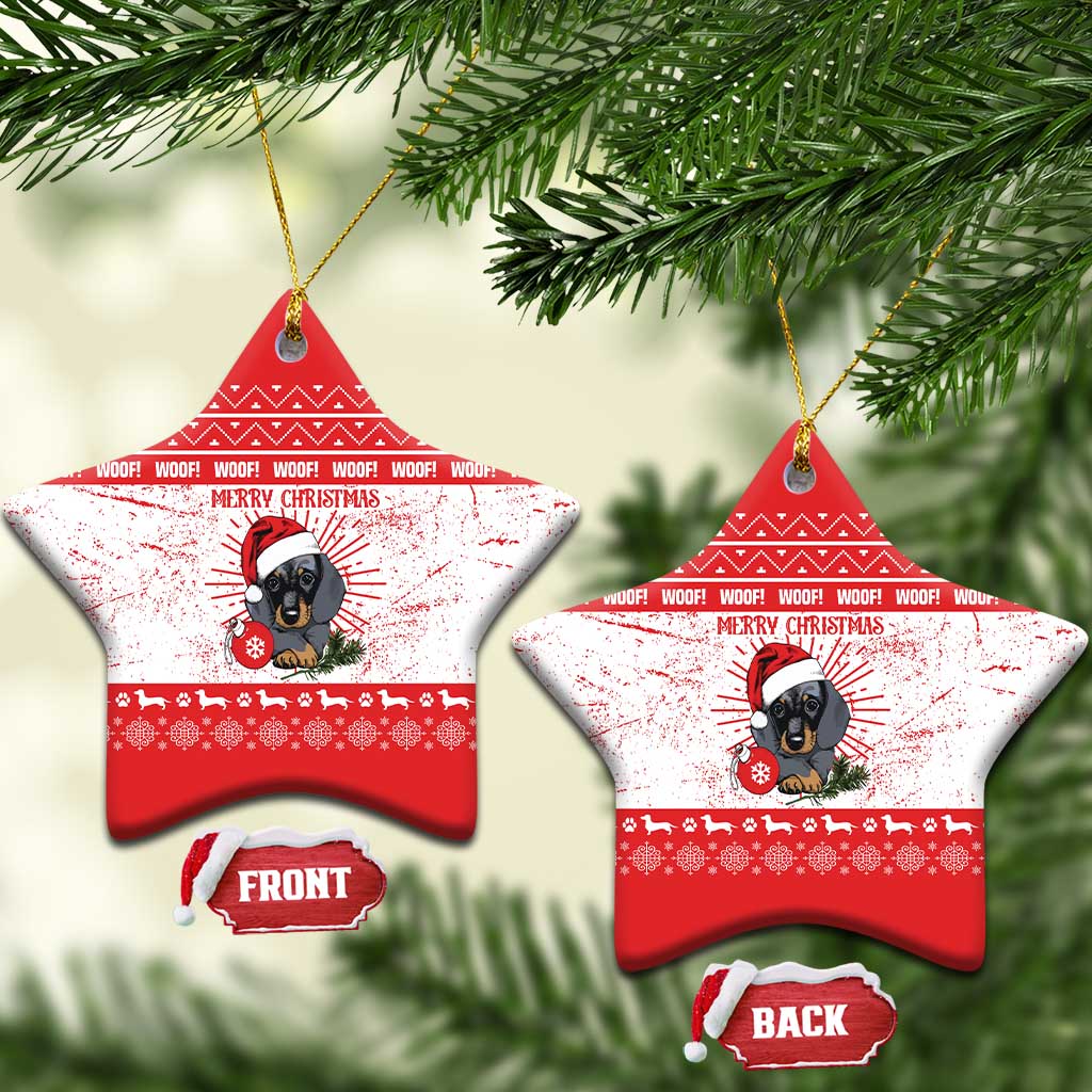 Christmas Dachshund Dog Ceramic Ornament Santa Hat Woof Snowflake Paw Design - Wonder Print Shop
