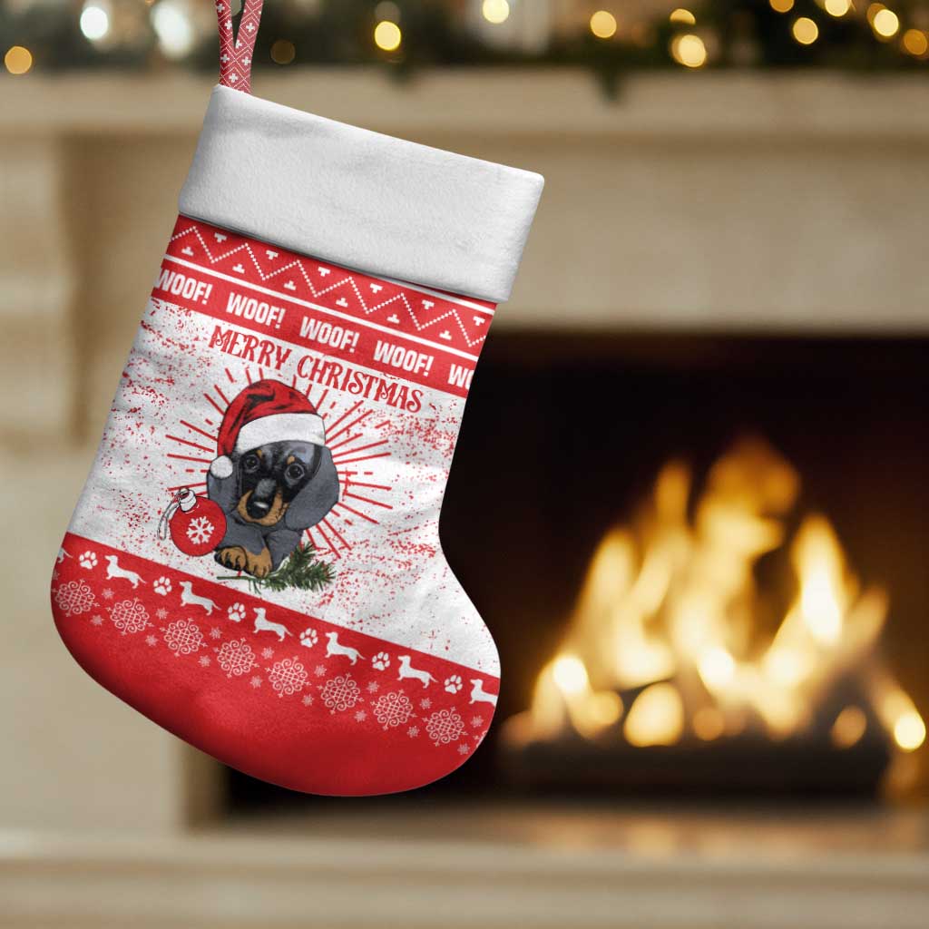 Christmas Dachshund Dog Christmas Stocking Santa Hat Woof Snowflake Paw Design - Wonder Print Shop