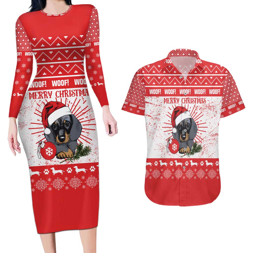 Christmas Dachshund Dog Couples Matching Long Sleeve Bodycon Dress and Hawaiian Shirt Santa Hat Woof Snowflake Paw Design - Wonder Print Shop
