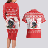 Christmas Dachshund Dog Couples Matching Long Sleeve Bodycon Dress and Hawaiian Shirt Santa Hat Woof Snowflake Paw Design - Wonder Print Shop