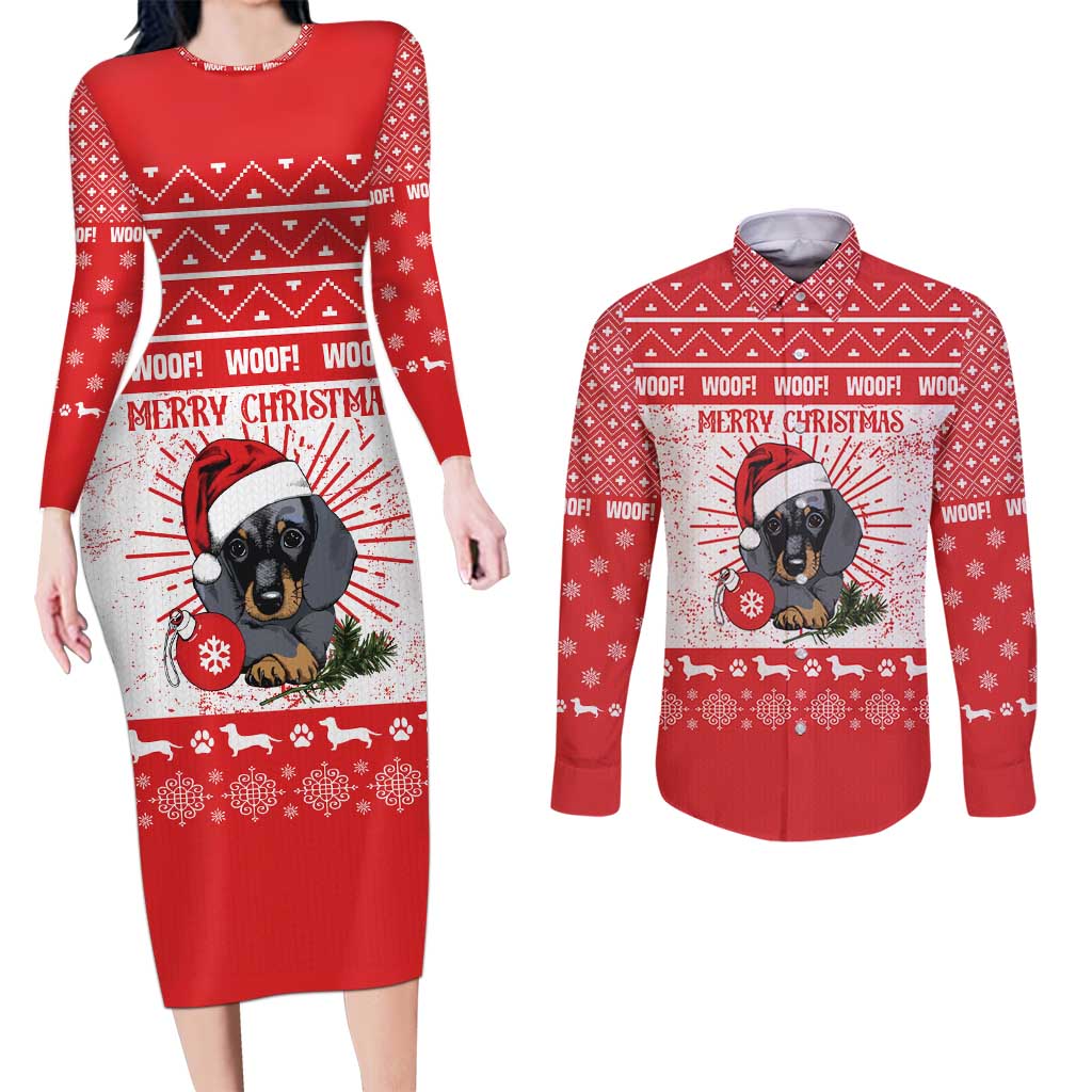 Christmas Dachshund Dog Couples Matching Long Sleeve Bodycon Dress and Long Sleeve Button Shirt Santa Hat Woof Snowflake Paw Design - Wonder Print Shop
