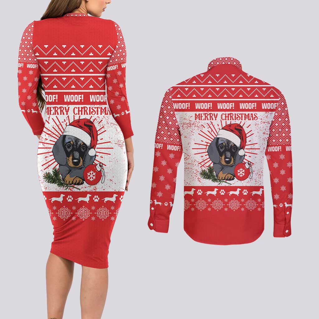Christmas Dachshund Dog Couples Matching Long Sleeve Bodycon Dress and Long Sleeve Button Shirt Santa Hat Woof Snowflake Paw Design - Wonder Print Shop