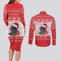 Christmas Dachshund Dog Couples Matching Long Sleeve Bodycon Dress and Long Sleeve Button Shirt Santa Hat Woof Snowflake Paw Design - Wonder Print Shop