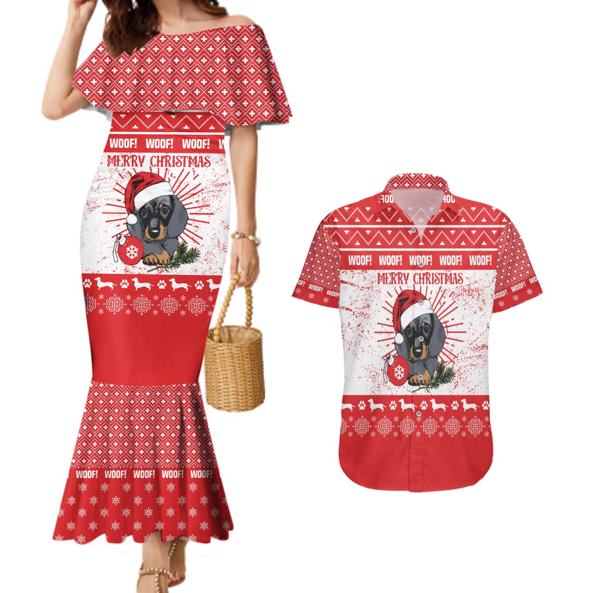 Christmas Dachshund Dog Couples Matching Mermaid Dress and Hawaiian Shirt Santa Hat Woof Snowflake Paw Design - Wonder Print Shop
