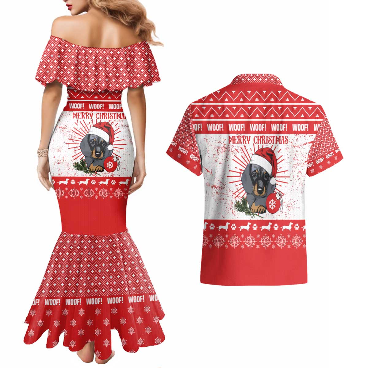 Christmas Dachshund Dog Couples Matching Mermaid Dress and Hawaiian Shirt Santa Hat Woof Snowflake Paw Design - Wonder Print Shop