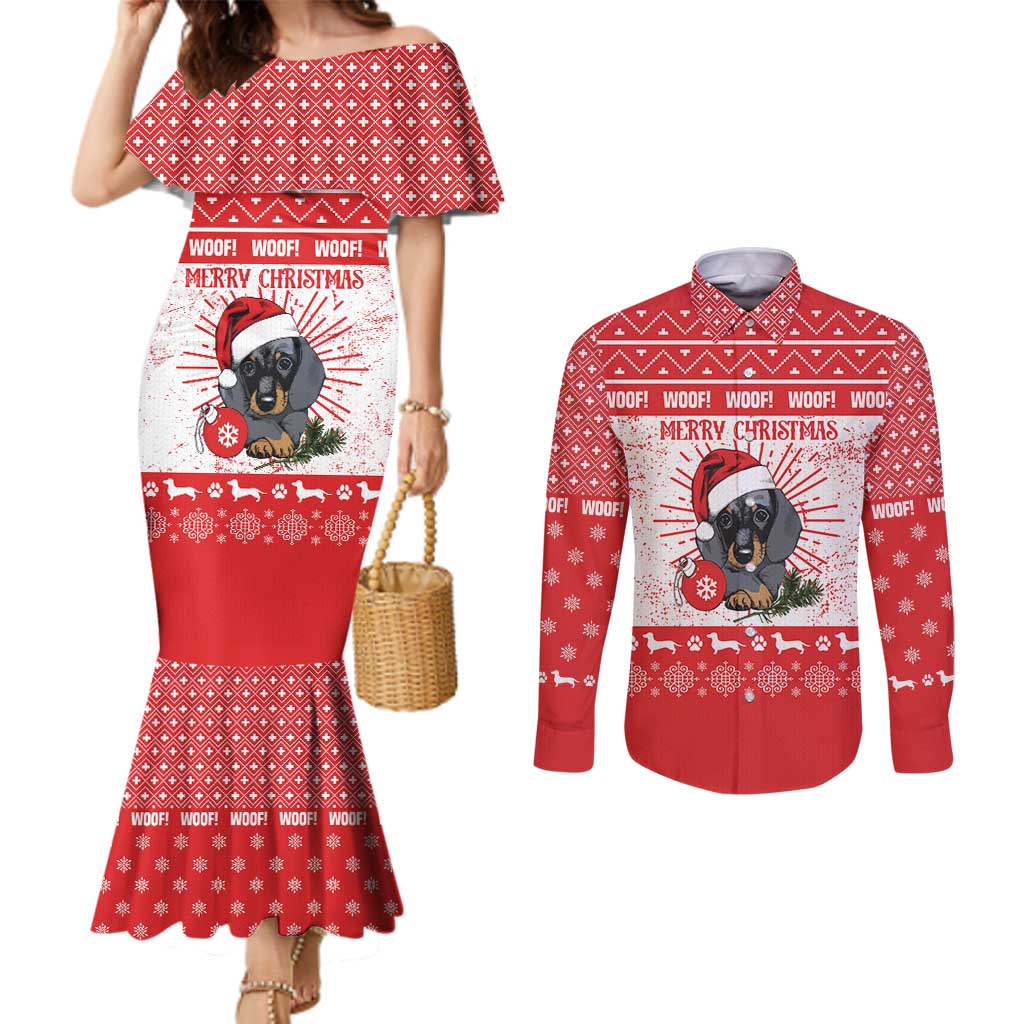 Christmas Dachshund Dog Couples Matching Mermaid Dress and Long Sleeve Button Shirt Santa Hat Woof Snowflake Paw Design - Wonder Print Shop